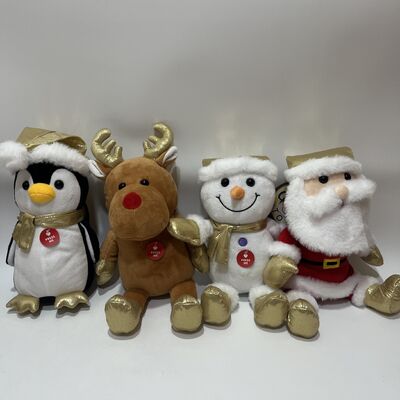 Golden Christmas Plush Set of 4 Press to Light Up and Play Music Penguin Reindeer Snowman Santa