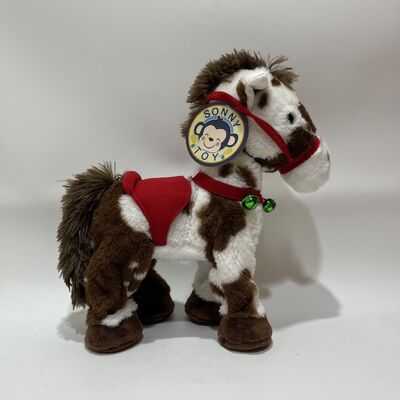 Running Pinto Pony Plush Toy with Hoofbeats Button on Foot Electric Running Horse with Christmas Outfit