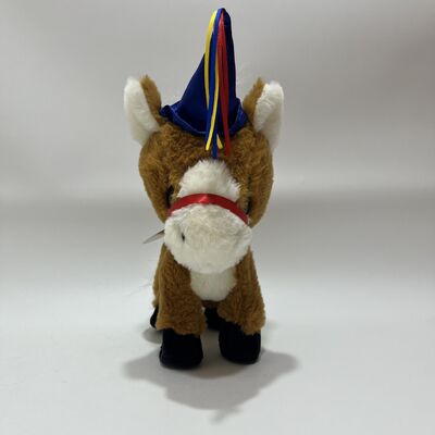 Running Brown Pony Plush Toy with Hoofbeats Button on Tail Electric Running Horse with Party Hat
