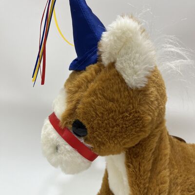 Running Brown Pony Plush Toy with Hoofbeats Button on Tail Electric Running Horse with Party Hat